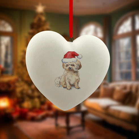 Havanese Fawn in Santa Hat Christmas Heart Bauble